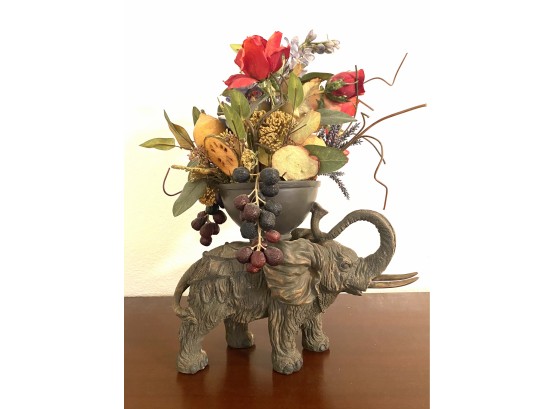 Beautiful Resin Carved Elephant Planter With Faux Floral Arrangement