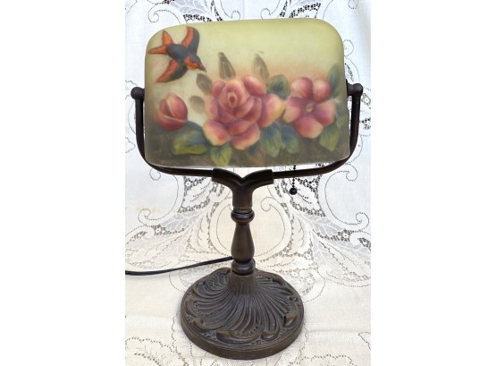 Reproduction Reverse Painted Puff Lamp With Flowers And Bird, Bronze Color Metal Base Works