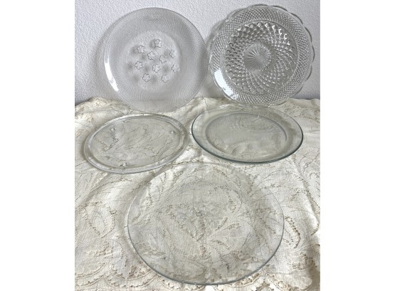 (5) Vintage Etched Trays One Footed And One Lillies