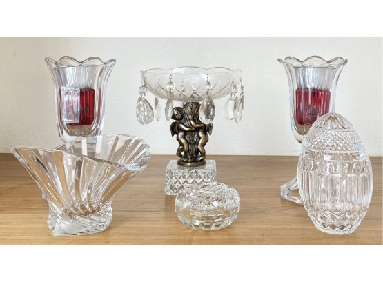 Collection Of Crystal Including Candle Holders, Cherub Etched Glass Compote, And Covered Dishes