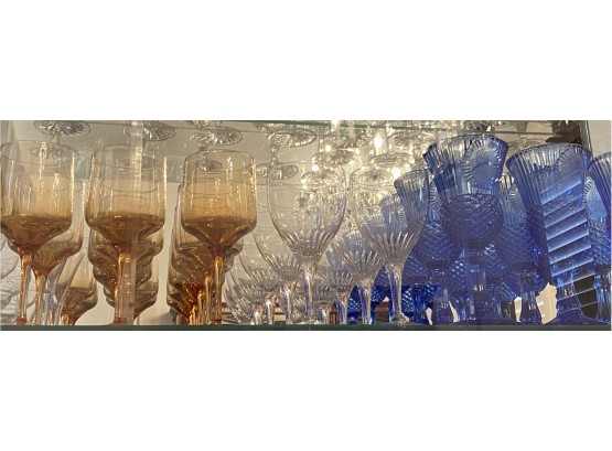 Large Collection Of Avon Blue Water Goblets, Amber Wine Glasses And Aperitif Glasses
