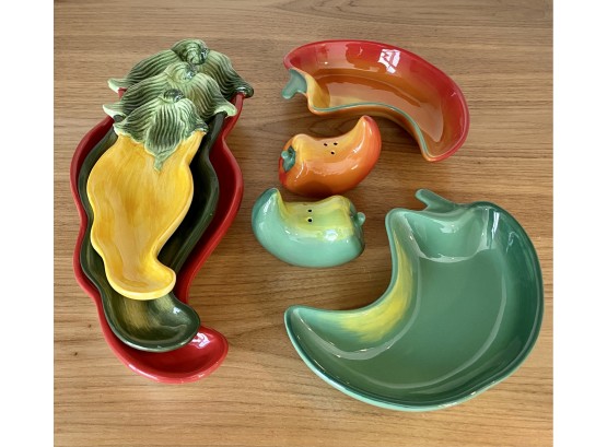 Collection Of Chili Pepper Trays And Salt And Pepper Shakers