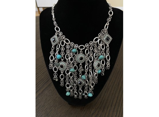 Silver Tone And Turquoise Beaded Necklace