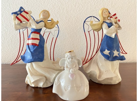 Two Resin Patriotic Angels And A Small Porcelain Angel Bell