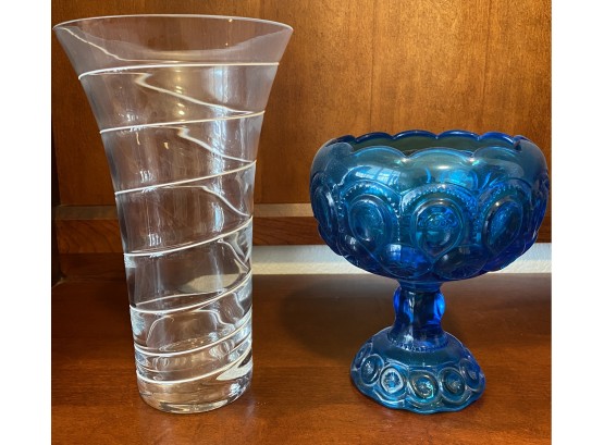 Lot Of 2 Vases One Clear Swirl And One Blue