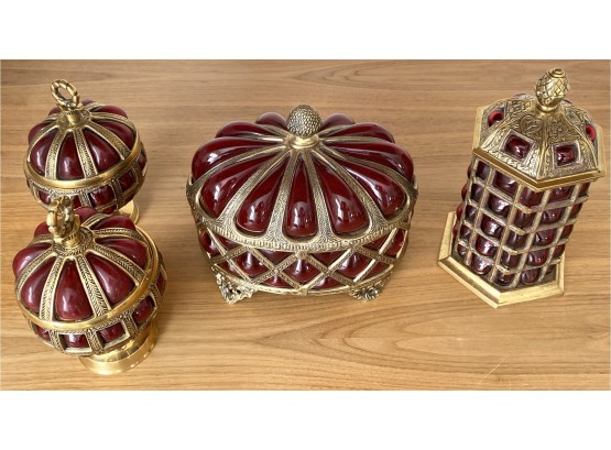Brass And Red Bubble Glass Covered Dish Set