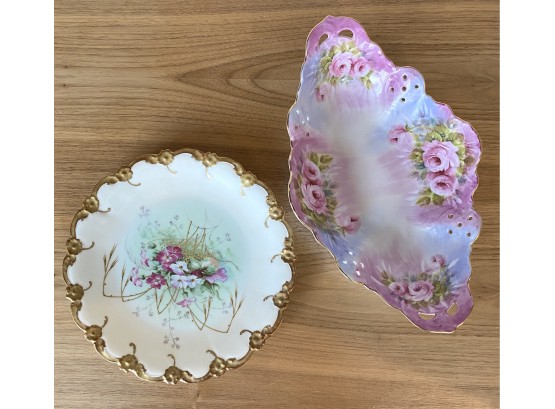 Vintage Hand Painted Rose Pierced Dish And Limoges France Gold Trim Hand Paint Plate