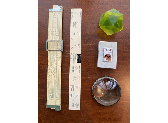 Dietzgen Slide Rule, Marble Base Love Stamp Paperweight, Green Glass, Antique Silver Magnifying Glass