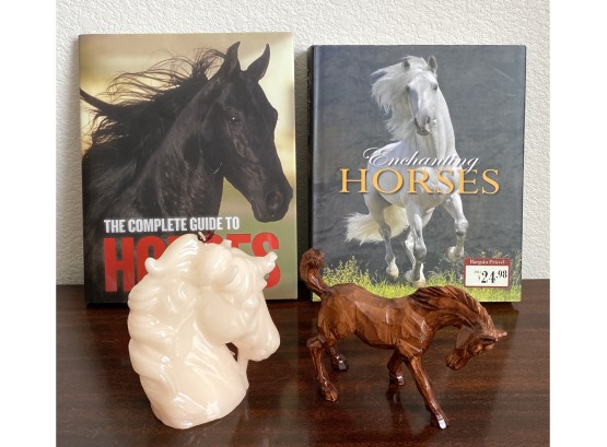 Horse Themed Lot Including Candleholder Ceramic Horse And Two Books