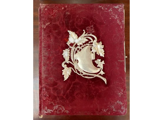 Antique Red Velvet Picture Album With Metal Decor On Front