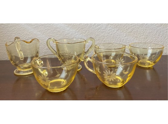 Vintage Etched Yellow Depression Glass Four Cups And A Cream And Sugar