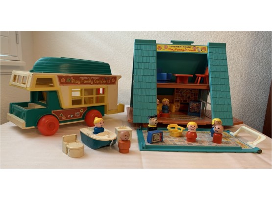 Fisher Price A Frame Play Set & Fisher Price Play Family Camper Includes A Dog, People, Logs And Furniture