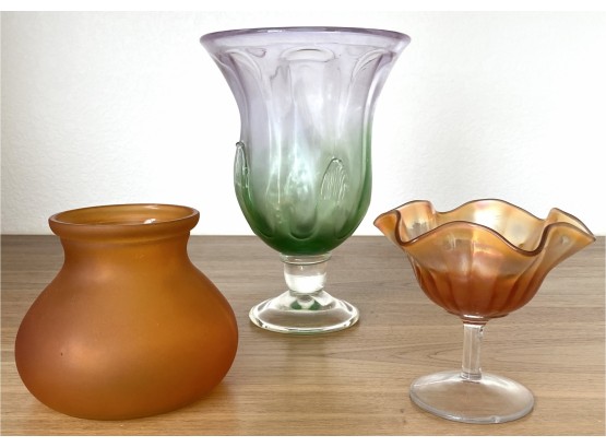 Antique Iridescent Vase Carnival Glass Compote And Vintage Green Vase