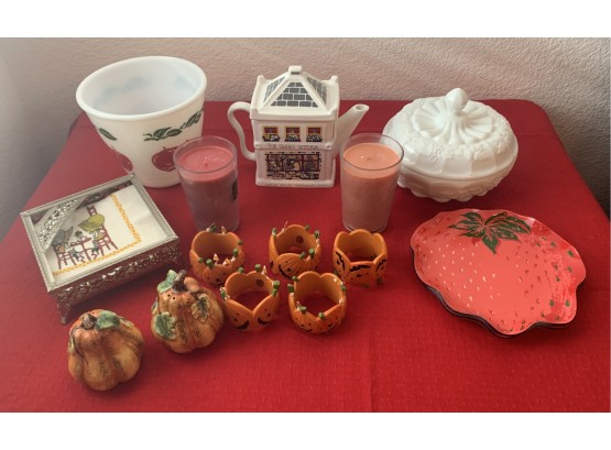 Collection Of Fall Decor,  Vintage Apple Bowl, Wade Tea Pot, Candles, Pumpkin Salt & Pepper & More