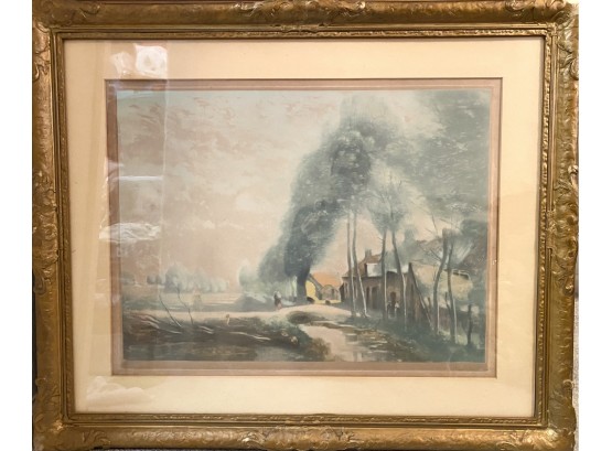 Lovely Antique Diffused Landscape Watercolor On Brown Burlap Paper- Signed