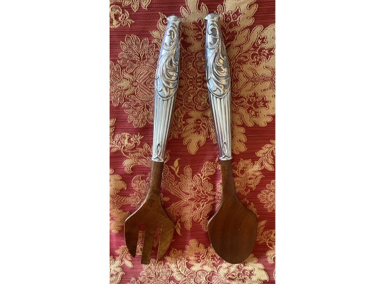 Wood And Silver Plate Salad Server Set
