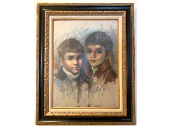 1976 Signed Charcoal Portrait Of Two Young Boys