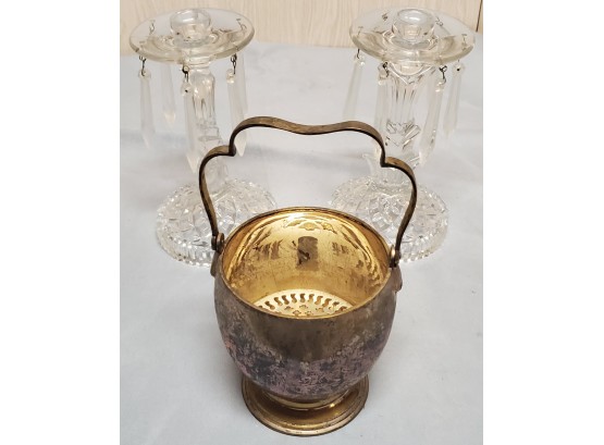 Two Crystal Candleholders And A Silver Plate Basket With Insert