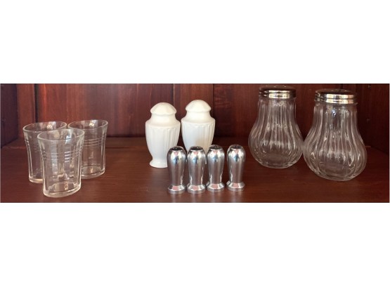 Collection Of Shakers And Shot Glasses Including (4) Silver Tone, (2) White Ribbed Glass And (2) Cheese Shaker