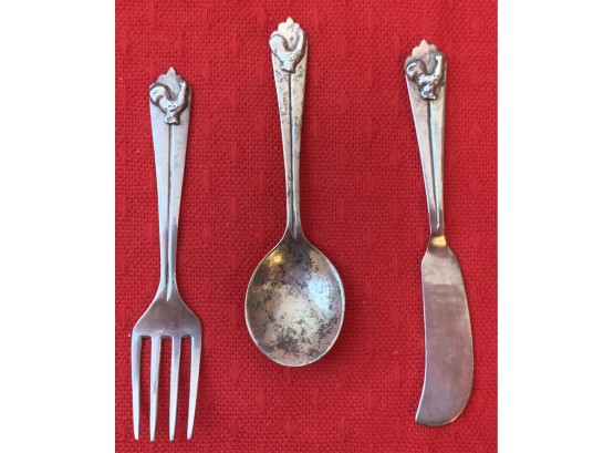 Darling 830 Silver Baby Set Spoon, Fork & Knife With Rooster