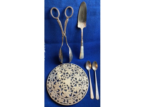 Two Sterling Spoons, MOP Sterling Server, Silver Plate Tongs And A Webster Large Sterling Trivet