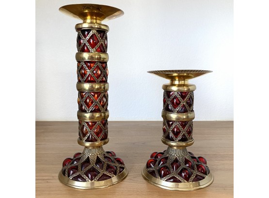 2 Brass And Red Bubble Glass Candle Holders