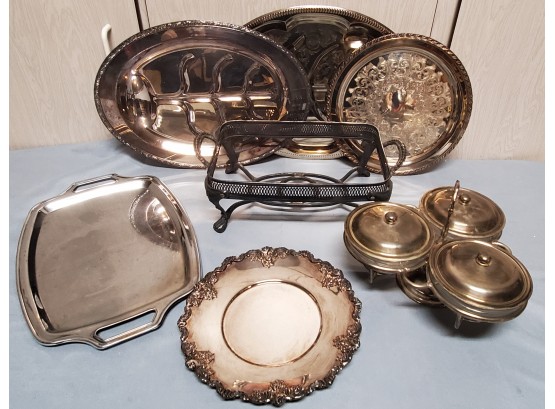 Assorted Silver Plate Serving Platters, Three Bowl Tray With Glass Inserts And Casserole Holder