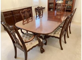 Ornately Carved Regency Style Double Pedestal Dining Room Table And 6 Chairs Including 2 Captains Chairs