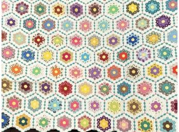 Beautiful Colorful Vintage Honeycomb Quilt With Diamond Border