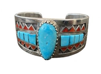 Stunning Sterling With Turquoise Stones And Coral Inlay Cuff