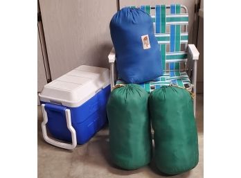 Camping Gear North Face Sleeping Bag Plus Two More A Rocking Chair And Coleman Pull Cooler