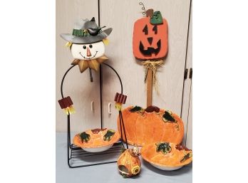 Halloween Lot Metal Shoe Rack, Pumpkin Yard Stick, Two Pumpkin Bowls A Platter And Mini Tea Lite