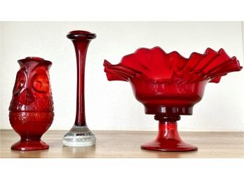 Collection Of Red Glass Including Fenton Style Ruffled Compote And Murano Style Controlled Bubble Bud Vase