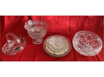 Assorted Crystal Dishes Including A Footed Compote Etched Bowl, Mikasa Holiday Basket & More