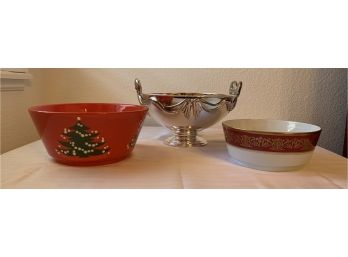 Waechtersbach Christmas Tree Bowl, Silver Bow Bowl And Eschenbau Germany Gold Rim Bowl