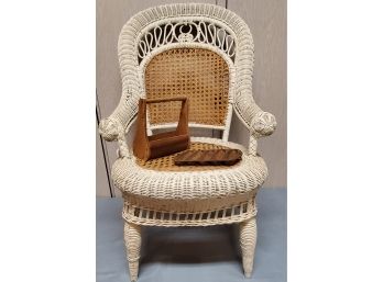 Antique Cane Seat Wicker Chair With Antique Basket And Cornbread Pan