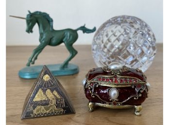 Trinket Collection Including Nikky Enamel Trinket Box,egyptian Pyramid, Metal Unicorn And Crystal Ash Tray