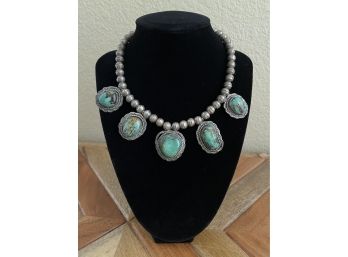 Old Pawn Sterling Silver Navajo Pearls With Turquoise Choker