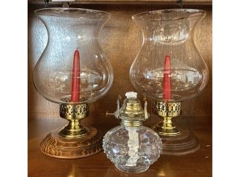 2 Large Glass Candle Holders And Small Oil Lamp