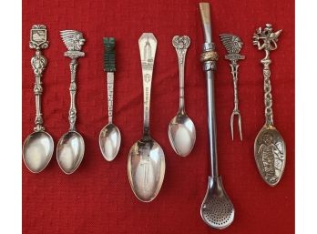 Assorted Spoons Including A Strainer Tea Spoon, 850 Silver Mexico Spoon, Indian Head Spoon & More 1933 Fair