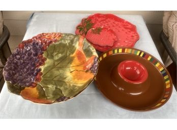 Lot Of Four Trays And Bowls Including Certified International Tuscany Large Bowl And Chip And Dip