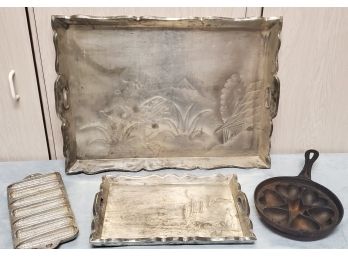 (2) Tin Covered Mexico Stamped Handled Trays & (2)  Antique Cast Iron Corn Bread Pans