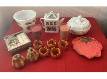 Collection Of Fall Decor,  Vintage Apple Bowl, Wade Tea Pot, Candles, Pumpkin Salt & Pepper & More