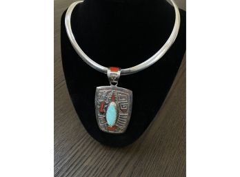 Native American Sterling Silver And Turquoise Pendant W/Sterling Silver Chain