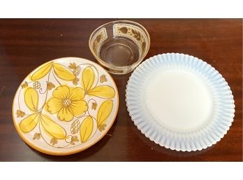 White Opalescent Plates, Two Yellow Floral Italy And One Gold Serving Bowl