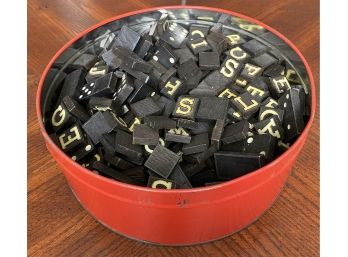Tin Filled With Vintage Dominoes And Letter Tiles