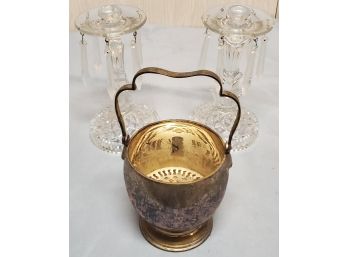 Two Crystal Candleholders And A Silver Plate Basket With Insert