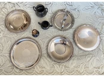 7 Piece Silver Plate Including Nickel Silver Cake Plate, Rogers Bros Pitcher & New Amsterdam Sugar