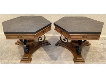 Pair Of Mid Century Hexagon Shape Slate Top Wood Tables