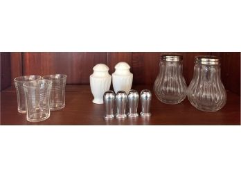 Collection Of Shakers And Shot Glasses Including (4) Silver Tone, (2) White Ribbed Glass And (2) Cheese Shaker